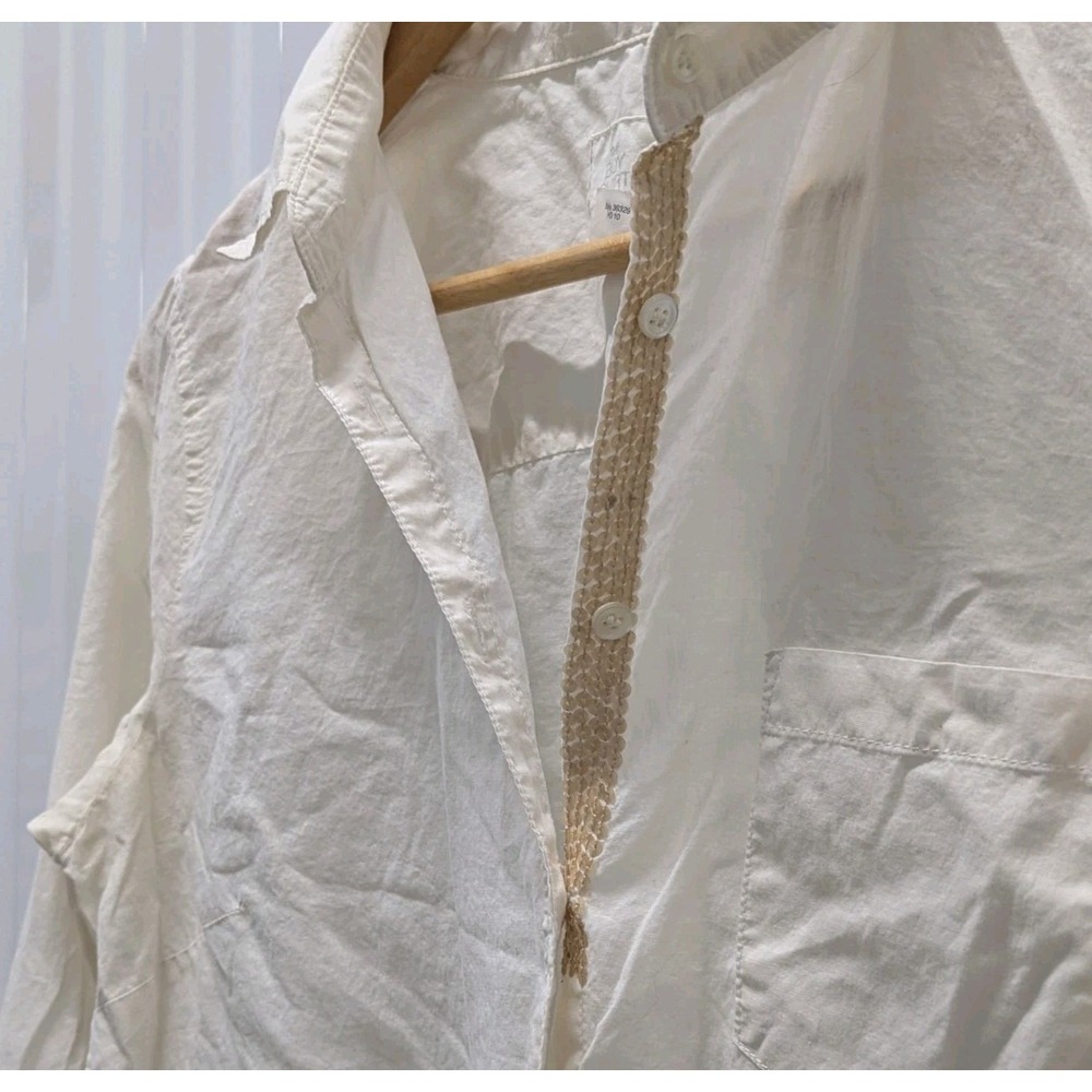 Boho Coastal Grandma Cream Sequin J.Crew Boy Shirt Button Up Cotton Size 6